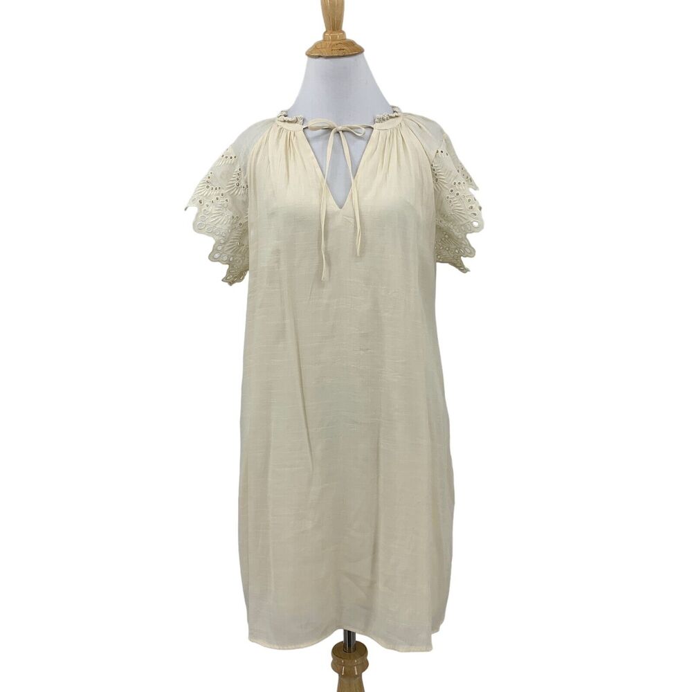 Who What Wear Dress Womens S Small Cream Embroidered Eyelet Flutter Sleeve Shift